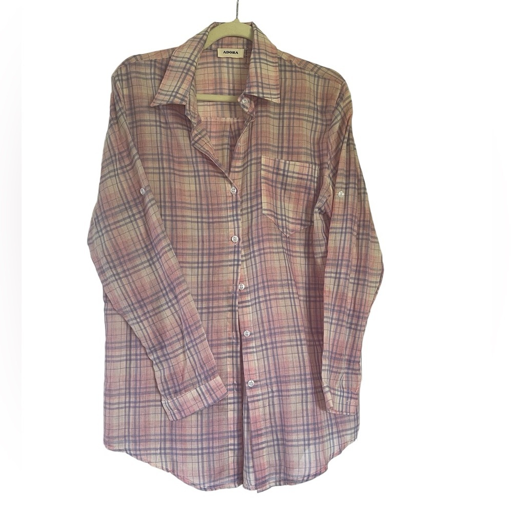 Adora Pink Plaid Lightweight Button Down Shirt Size L